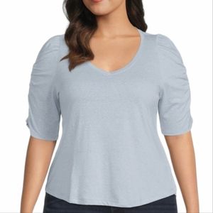 🔥Democracy Plus Size V-Neck Ruched Short Sleeve Shirt Elbow Length